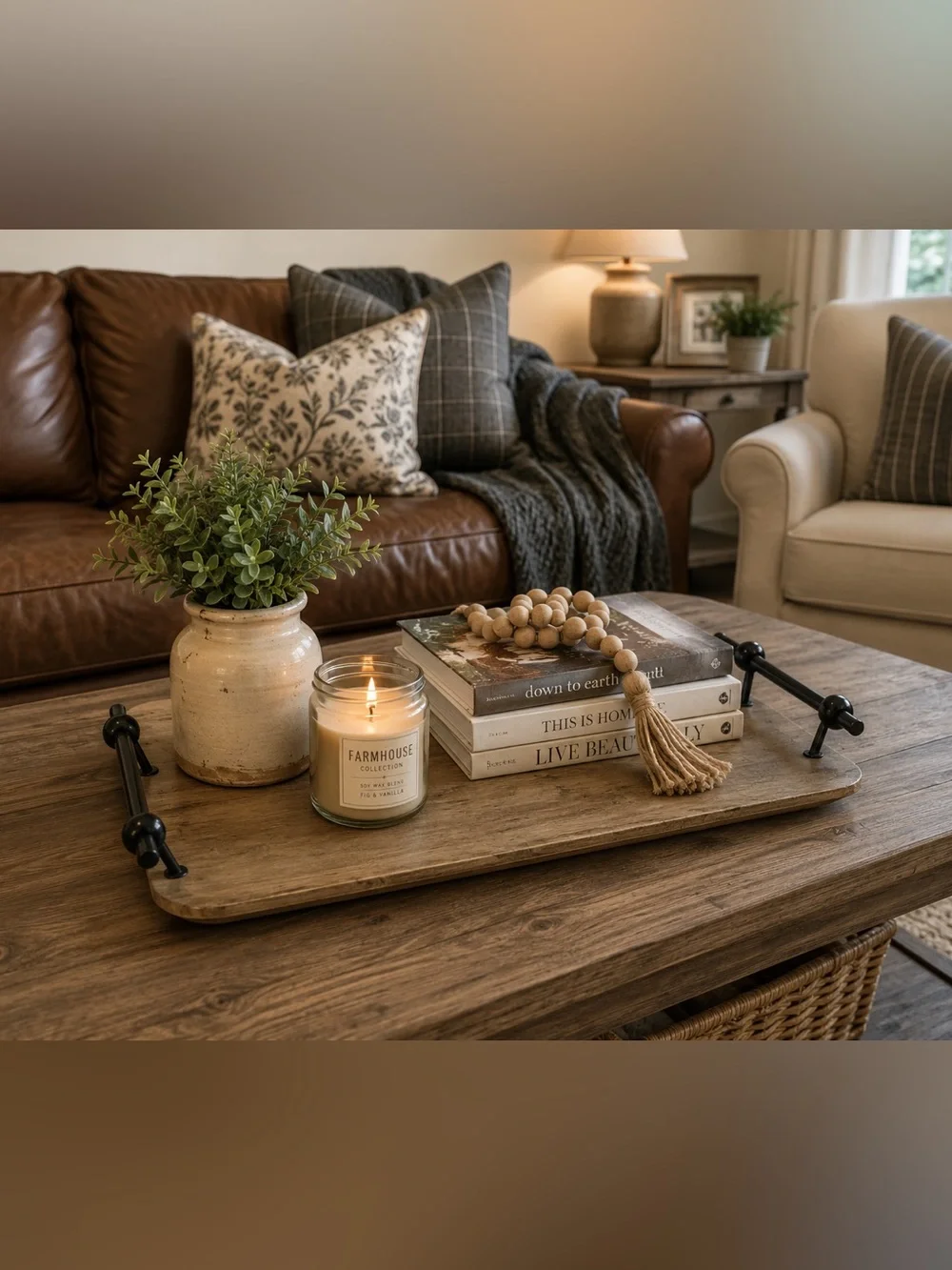 Source Unknown Natural Wood Bath Vanity Tray with Black Handles